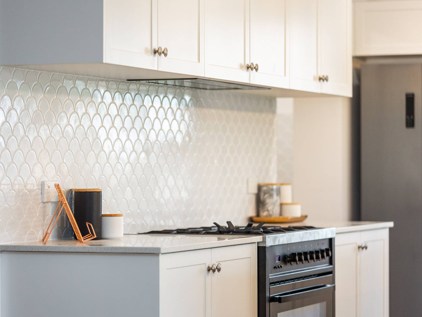 Renovated modern kitchen with free standing oven and fish scale splashback in the Hunter Valley