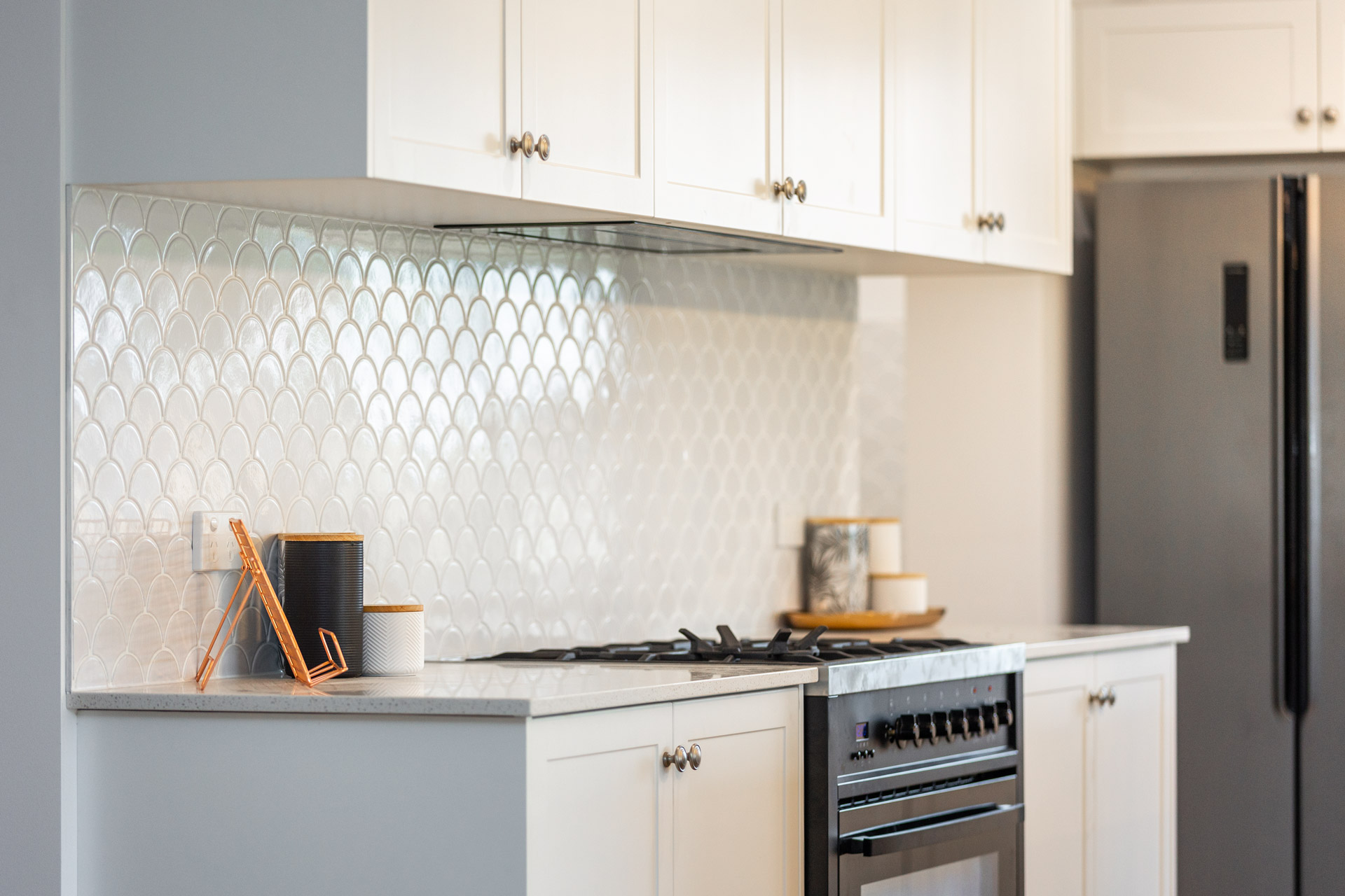 Renovated modern kitchen with free standing oven and fish scale splashback in the Hunter Valley